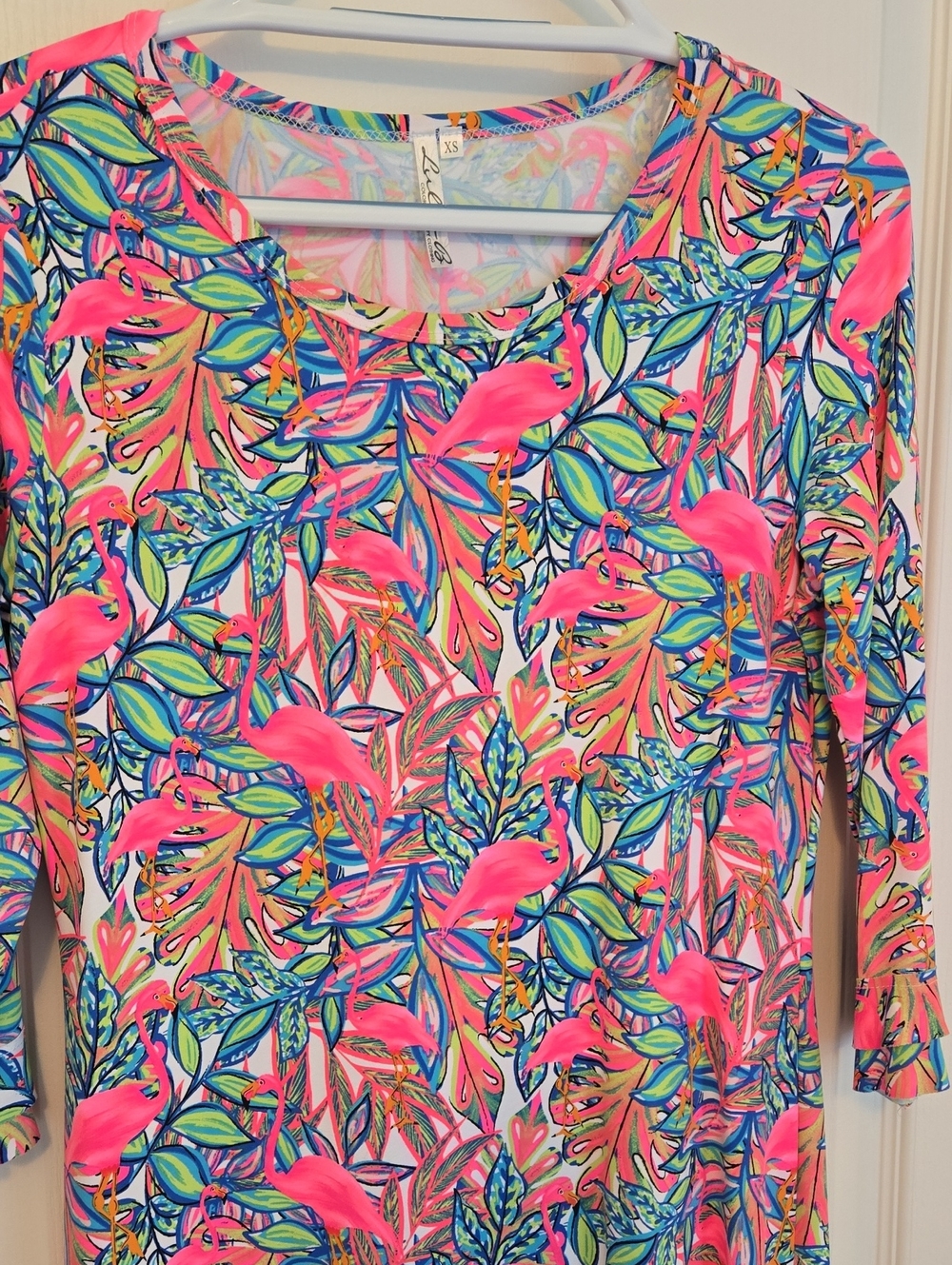 Lulu-B Neon Pink Multicolor Tropical Flamingo Long Sleeve Dress..stretchy